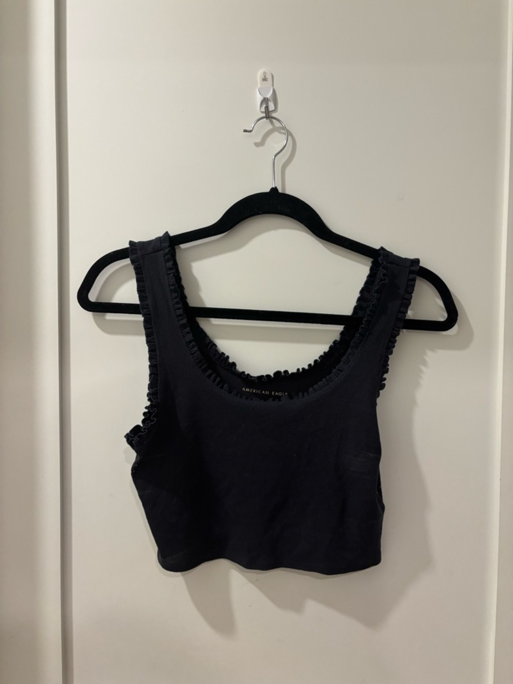 American Eagle Outfitters Black Ruffle-Trim Crop Tank Top